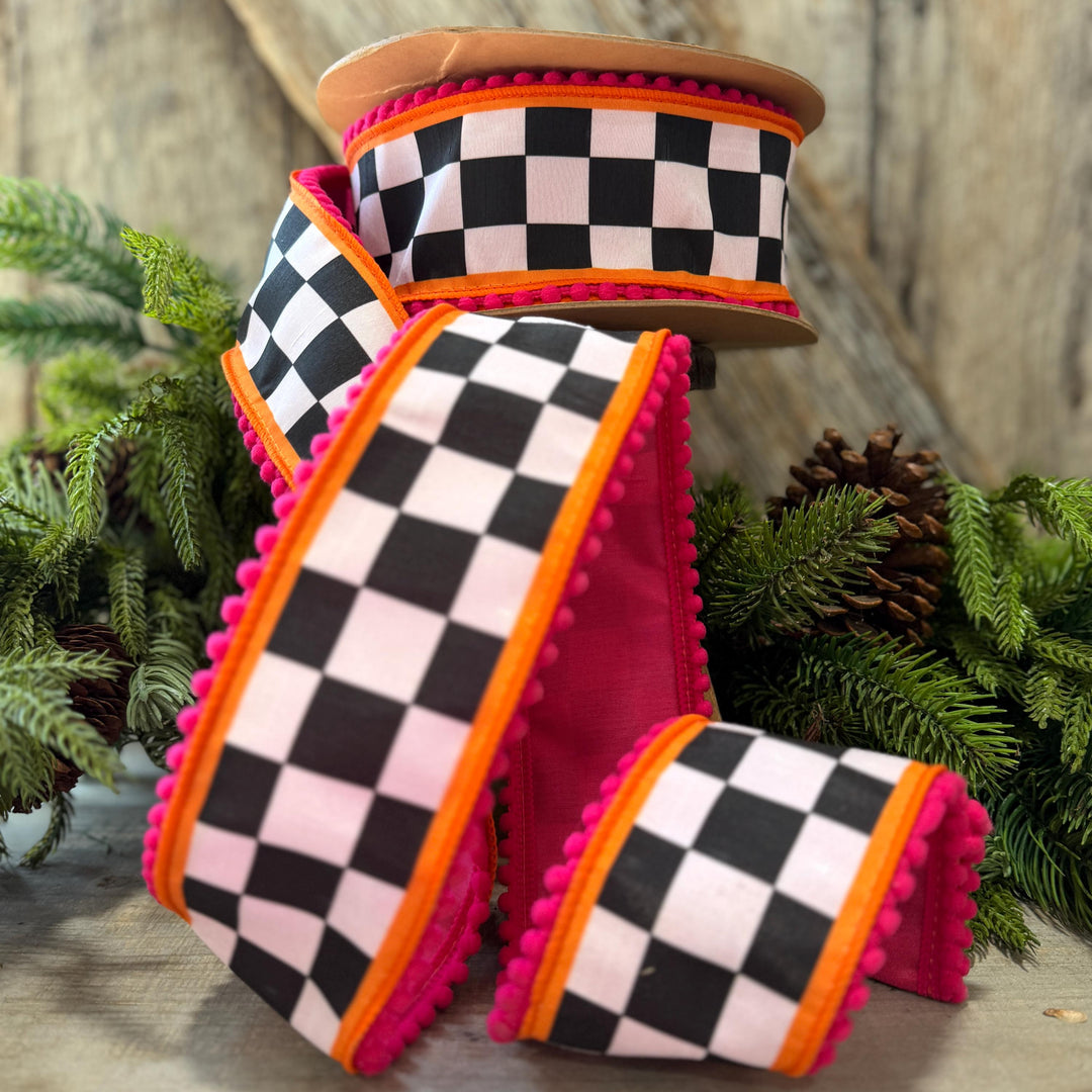 2.5" Halloween Ribbon, Checkered Ribbon, Hot Pink Orange Ribbon, Wired Ribbon, Black White Halloween Ribbon