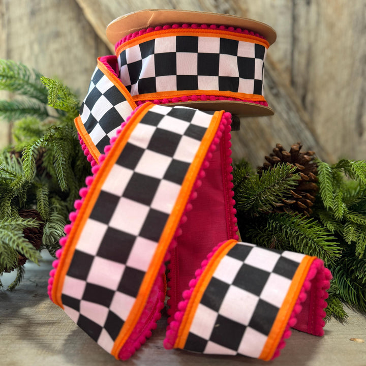 2.5" Halloween Ribbon, Checkered Ribbon, Hot Pink Orange Ribbon, Wired Ribbon, Black White Halloween Ribbon