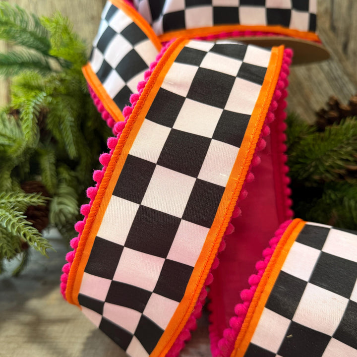 2.5" Halloween Ribbon, Checkered Ribbon, Hot Pink Orange Ribbon, Wired Ribbon, Black White Halloween Ribbon