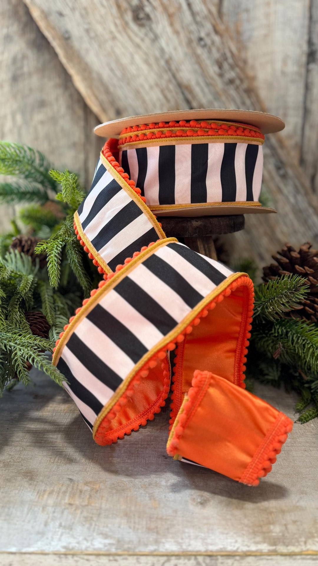 2.5" Halloween Ribbon, Striped Ribbon, Orange Ribbon, Wired Ribbon, Black White Stripe Halloween Ribbon