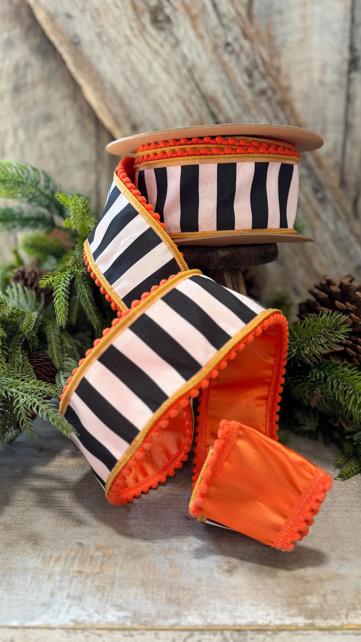 2.5" Halloween Ribbon, Striped Ribbon, Orange Ribbon, Wired Ribbon, Black White Stripe Halloween Ribbon