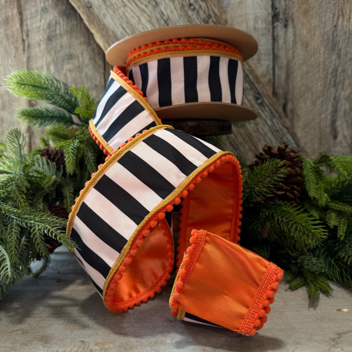 2.5" Halloween Ribbon, Striped Ribbon, Orange Ribbon, Wired Ribbon, Black White Stripe Halloween Ribbon