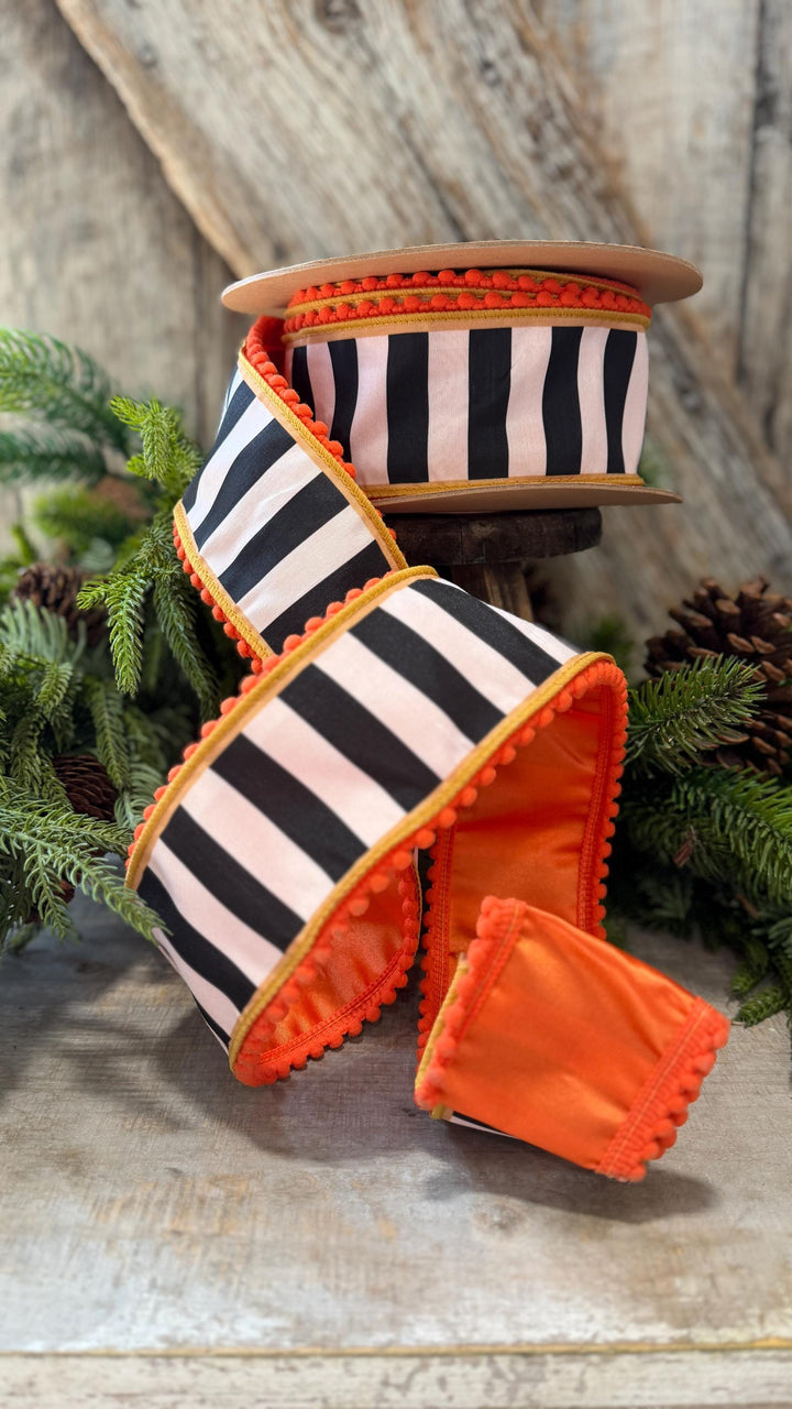 2.5" Halloween Ribbon, Striped Ribbon, Orange Ribbon, Wired Ribbon, Black White Stripe Halloween Ribbon