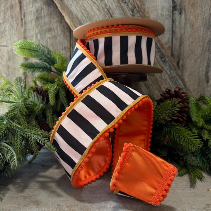 2.5" Halloween Ribbon, Striped Ribbon, Orange Ribbon, Wired Ribbon, Black White Stripe Halloween Ribbon