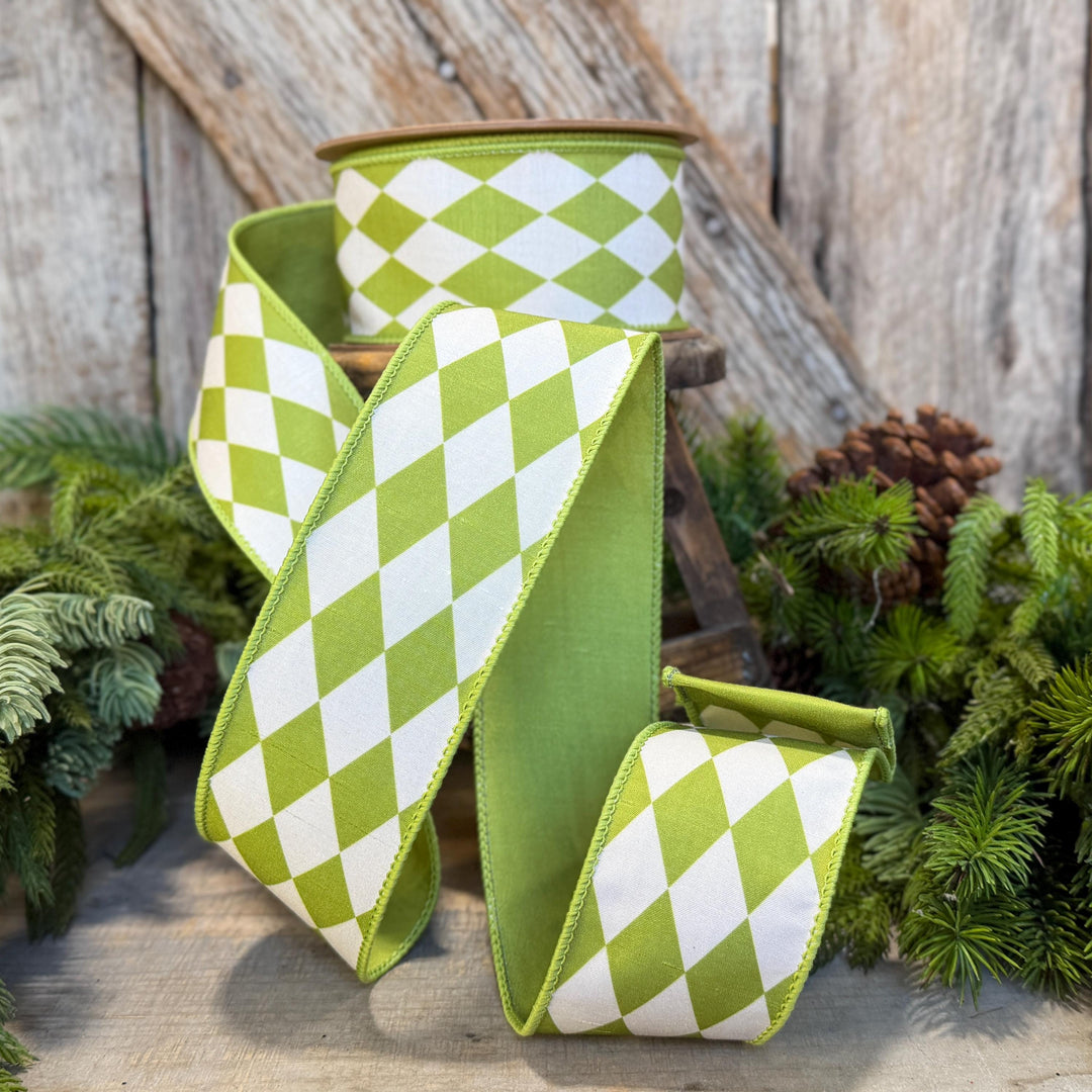 2.5" Green Harlequin Ribbon, Fall Ribbon, Christmas Ribbon, Diamond Pattern