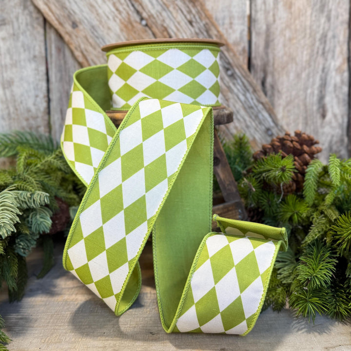 2.5" Green Harlequin Ribbon, Fall Ribbon, Christmas Ribbon, Diamond Pattern