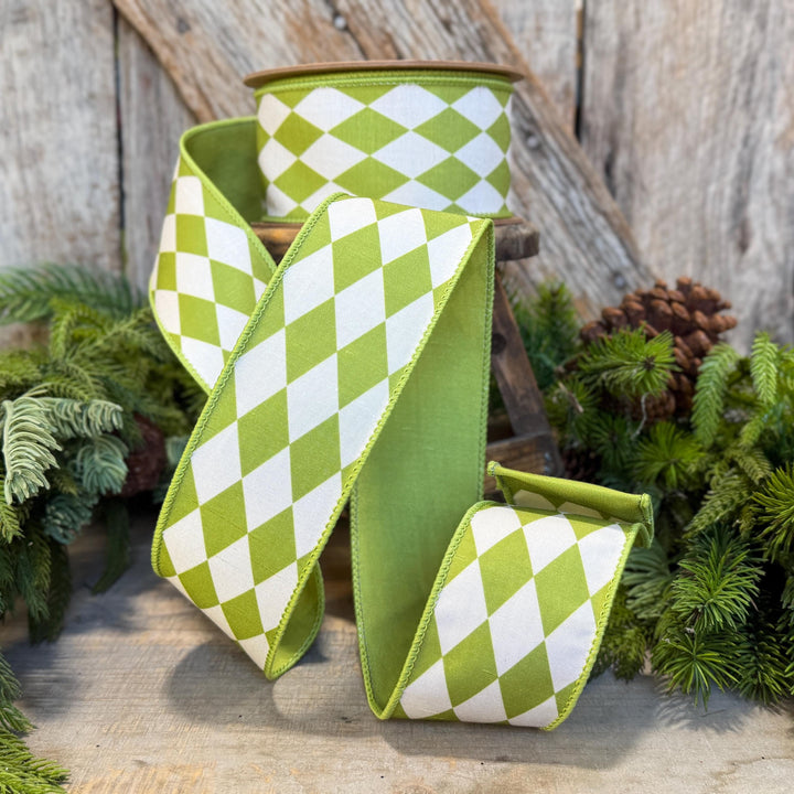 2.5" Green Harlequin Ribbon, Fall Ribbon, Christmas Ribbon, Diamond Pattern