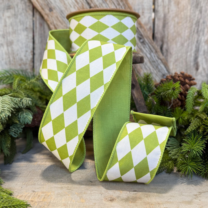 2.5" Green Harlequin Ribbon, Fall Ribbon, Christmas Ribbon, Diamond Pattern