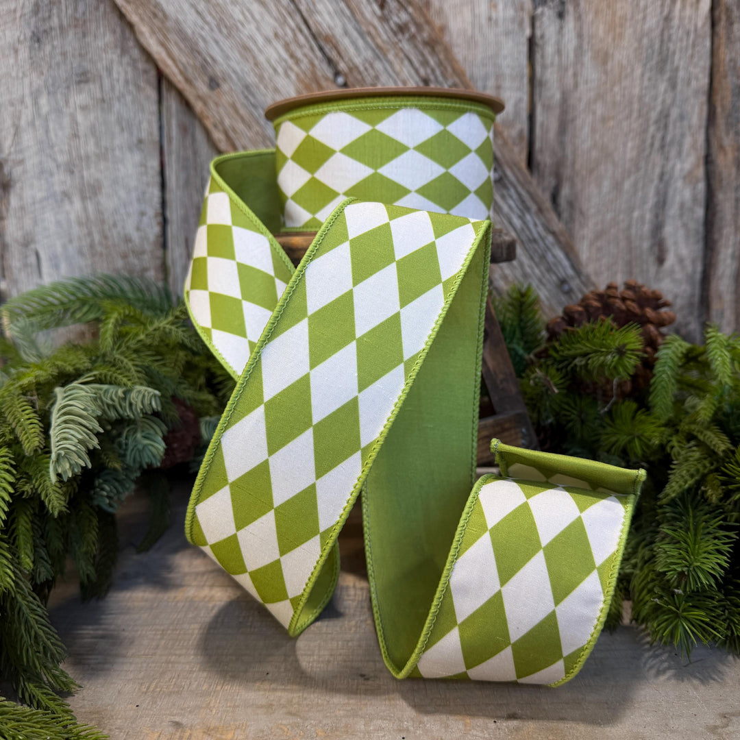 2.5" Green Harlequin Ribbon, Fall Ribbon, Christmas Ribbon, Diamond Pattern