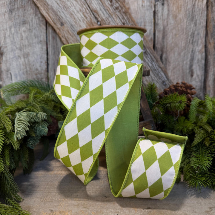 2.5" Green Harlequin Ribbon, Fall Ribbon, Christmas Ribbon, Diamond Pattern