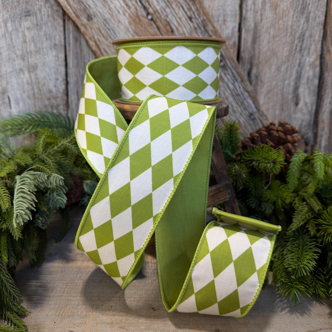 2.5" Green Harlequin Ribbon, Fall Ribbon, Christmas Ribbon, Diamond Pattern