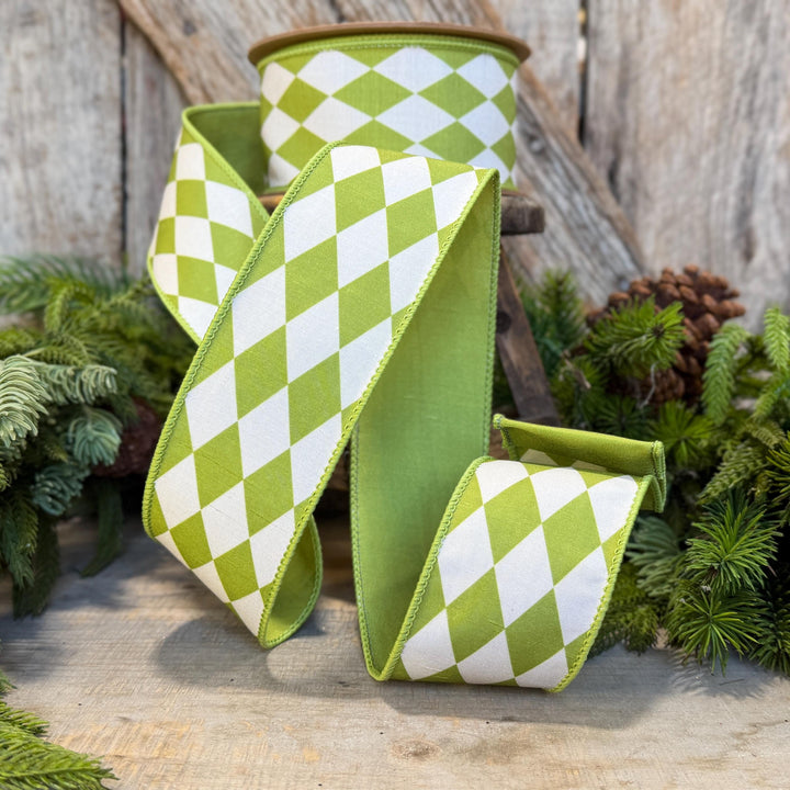 2.5" Green Harlequin Ribbon, Fall Ribbon, Christmas Ribbon, Diamond Pattern