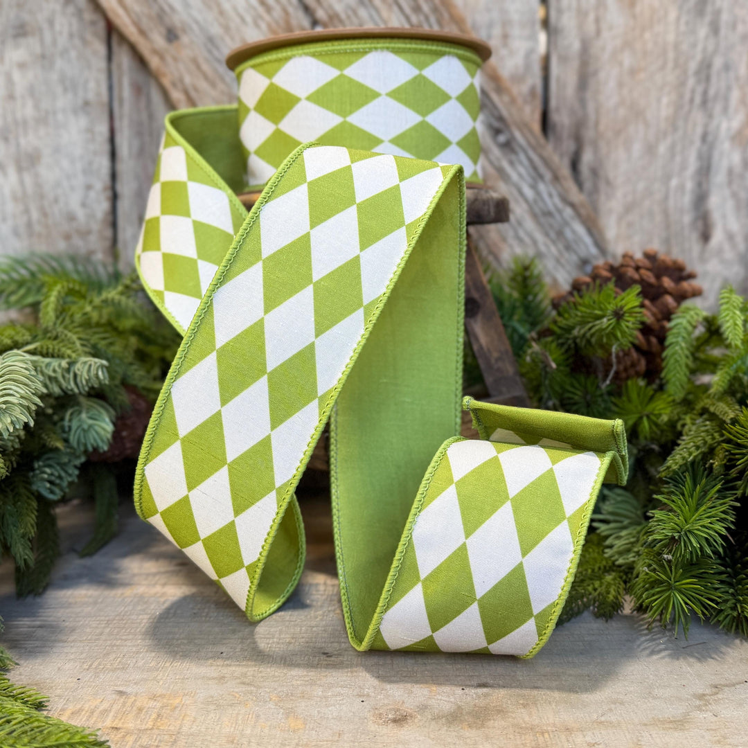 2.5" Green Harlequin Ribbon, Fall Ribbon, Christmas Ribbon, Diamond Pattern