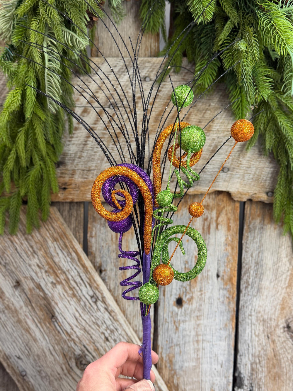 18" Halloween Curly Spray, Halloween Glitter Pick, Halloween Floral