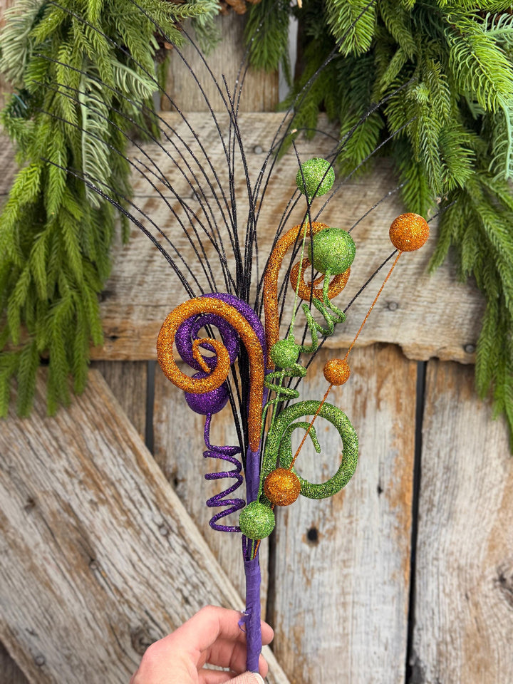 18" Halloween Curly Spray, Halloween Glitter Pick, Halloween Floral