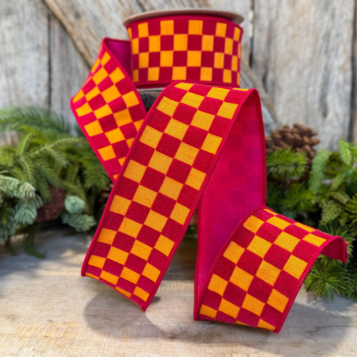 2.5" Pink Orange Retro Checks Ribbon, Farrisilk Ribbon, Flocked Ribbon, Halloween Ribbon