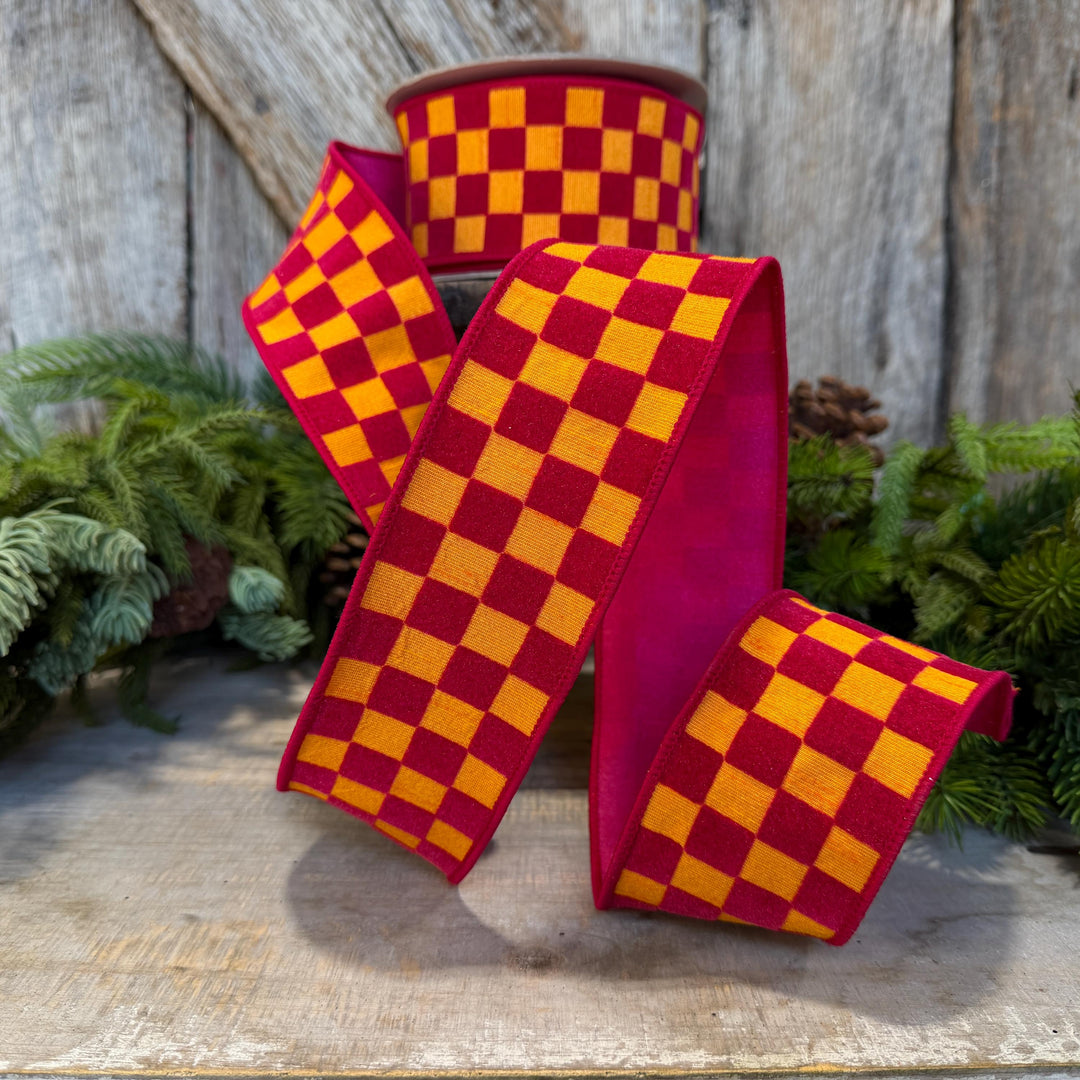 2.5" Pink Orange Retro Checks Ribbon, Farrisilk Ribbon, Flocked Ribbon, Halloween Ribbon