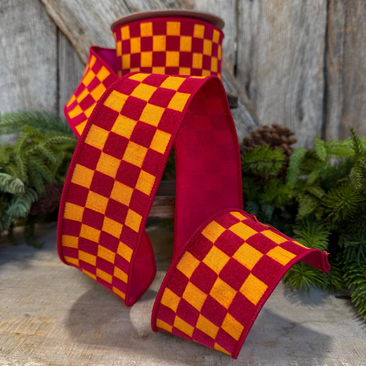 2.5" Pink Orange Retro Checks Ribbon, Farrisilk Ribbon, Flocked Ribbon, Halloween Ribbon