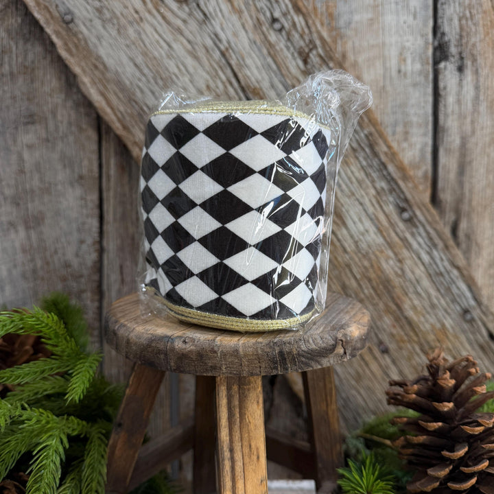 4" Black and White Harlequin Ribbon, Christmas Ribbon
