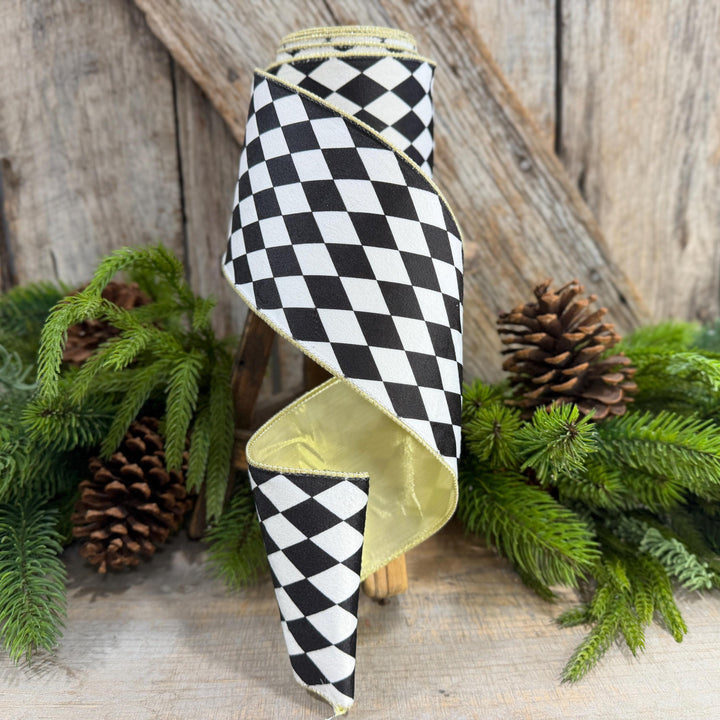 4" Black and White Harlequin Ribbon, Christmas Ribbon