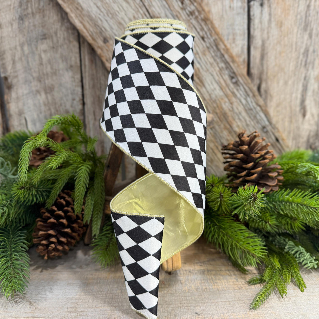 4" Black and White Harlequin Ribbon, Christmas Ribbon
