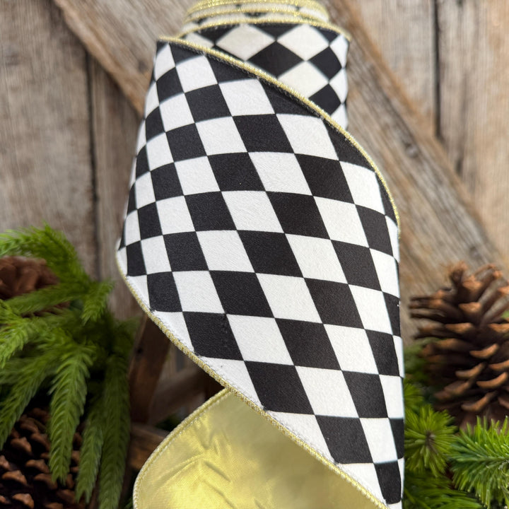 4" Black and White Harlequin Ribbon, Christmas Ribbon