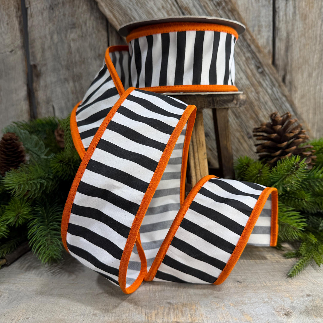 2.5" Halloween Ribbon, Striped Ribbon, Orange Ribbon, Wired Ribbon, Black White Stripe Halloween Ribbon