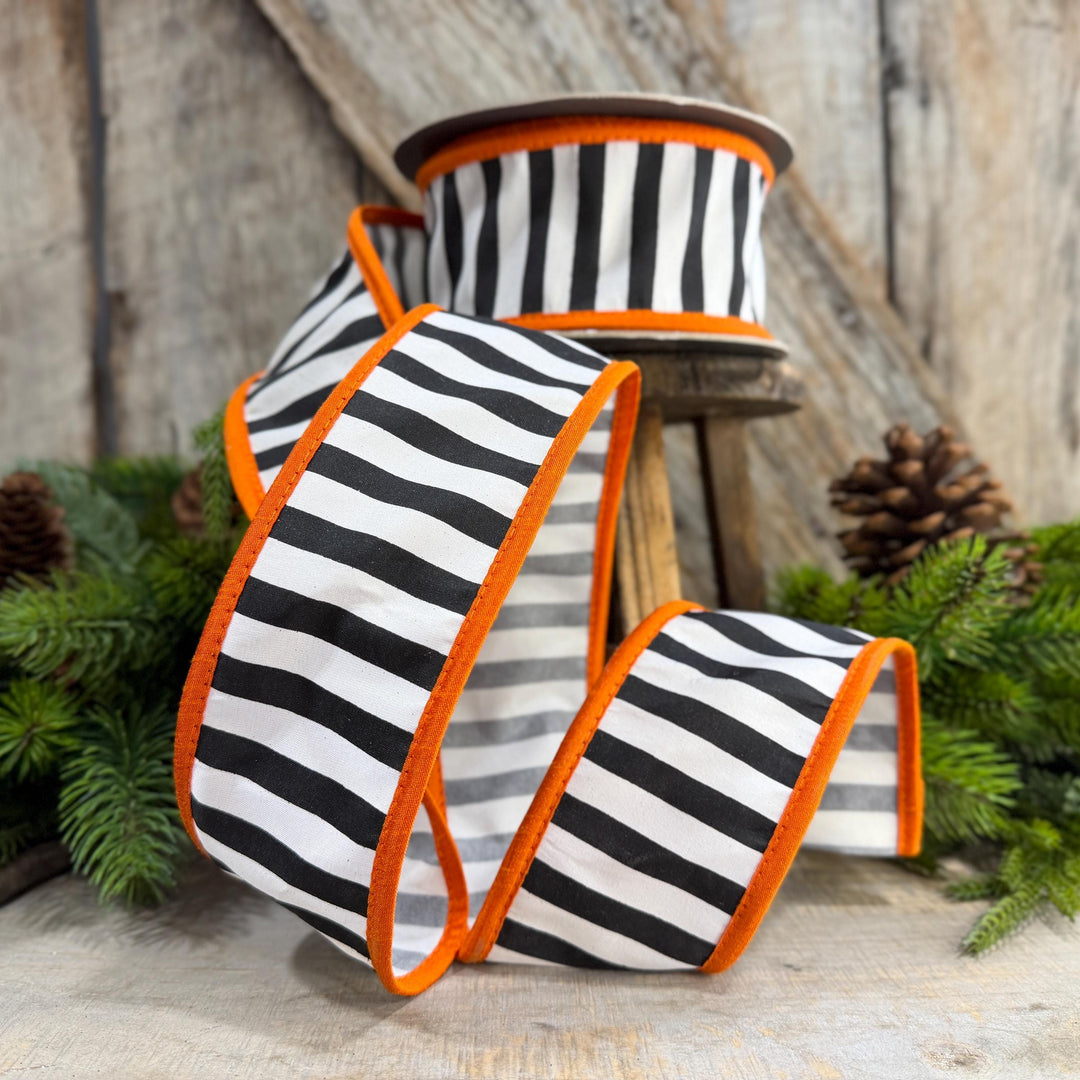 2.5" Halloween Ribbon, Striped Ribbon, Orange Ribbon, Wired Ribbon, Black White Stripe Halloween Ribbon