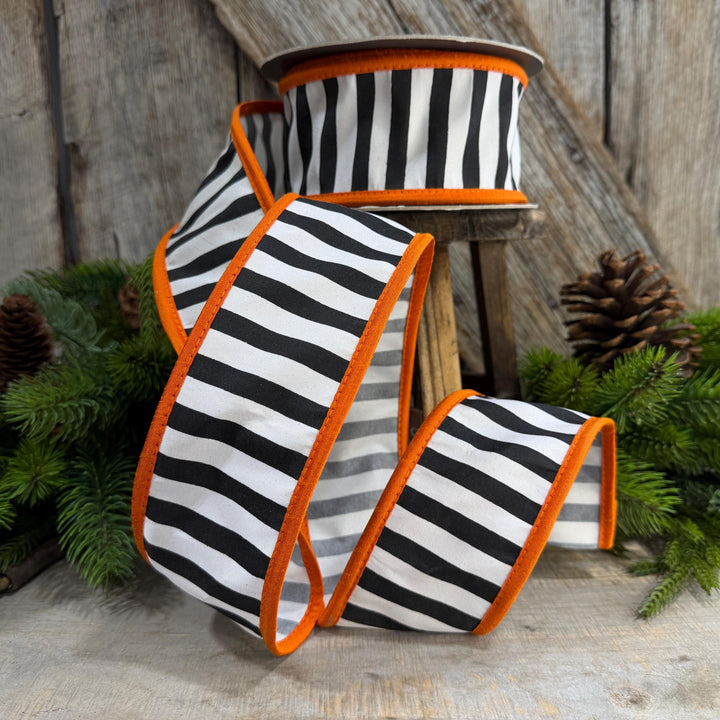 2.5" Halloween Ribbon, Striped Ribbon, Orange Ribbon, Wired Ribbon, Black White Stripe Halloween Ribbon