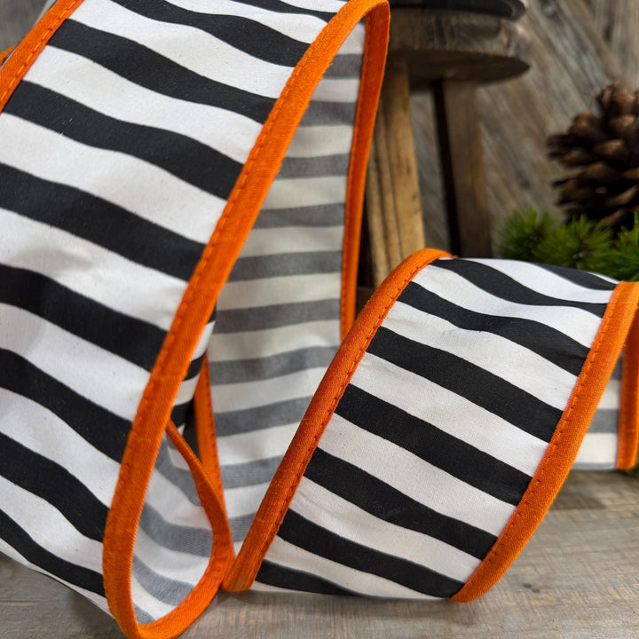 2.5" Halloween Ribbon, Striped Ribbon, Orange Ribbon, Wired Ribbon, Black White Stripe Halloween Ribbon