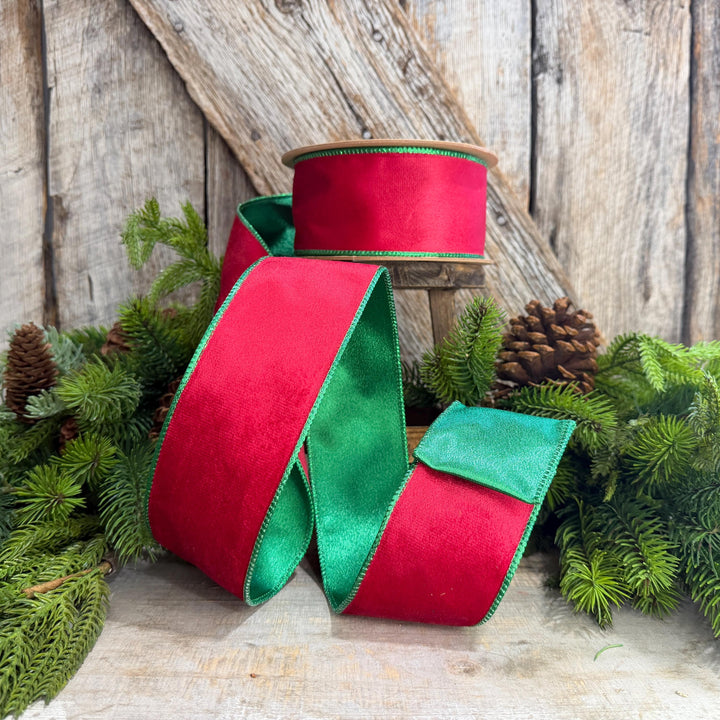 2.5" Red Green Velvet Ribbon, Red Velvet Ribbon, Christmas RIbbon, Red and Green Velvet Ribbon, Designer Ribbon, Gift Wrap Ribbon, Christmas