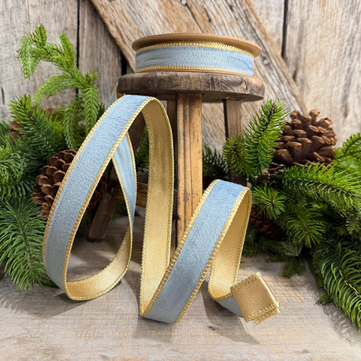1" Steel Blue Velvet, French Blue Velvet Ribbon, Wired Ribbon, Ribbon, Velvet Ribbon, Christmas Ribbon, Blue and Gold Ribbon