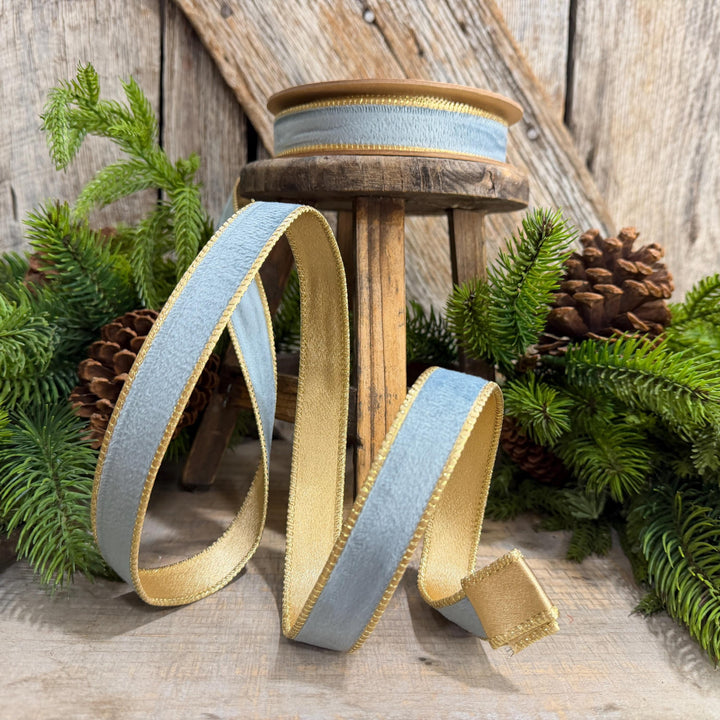 1" Steel Blue Velvet, French Blue Velvet Ribbon, Wired Ribbon, Ribbon, Velvet Ribbon, Christmas Ribbon, Blue and Gold Ribbon