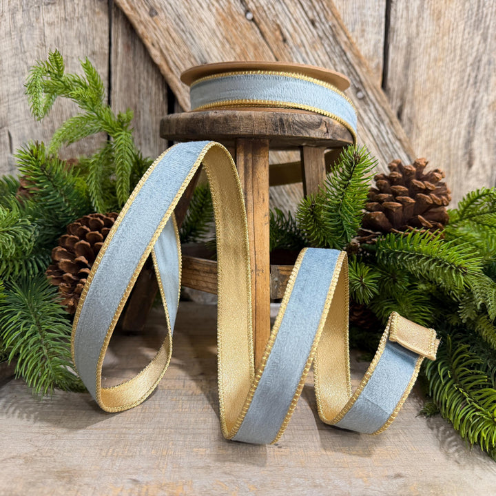 1" Steel Blue Velvet, French Blue Velvet Ribbon, Wired Ribbon, Ribbon, Velvet Ribbon, Christmas Ribbon, Blue and Gold Ribbon