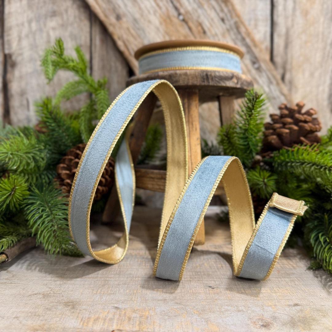 1" Steel Blue Velvet, French Blue Velvet Ribbon, Wired Ribbon, Ribbon, Velvet Ribbon, Christmas Ribbon, Blue and Gold Ribbon