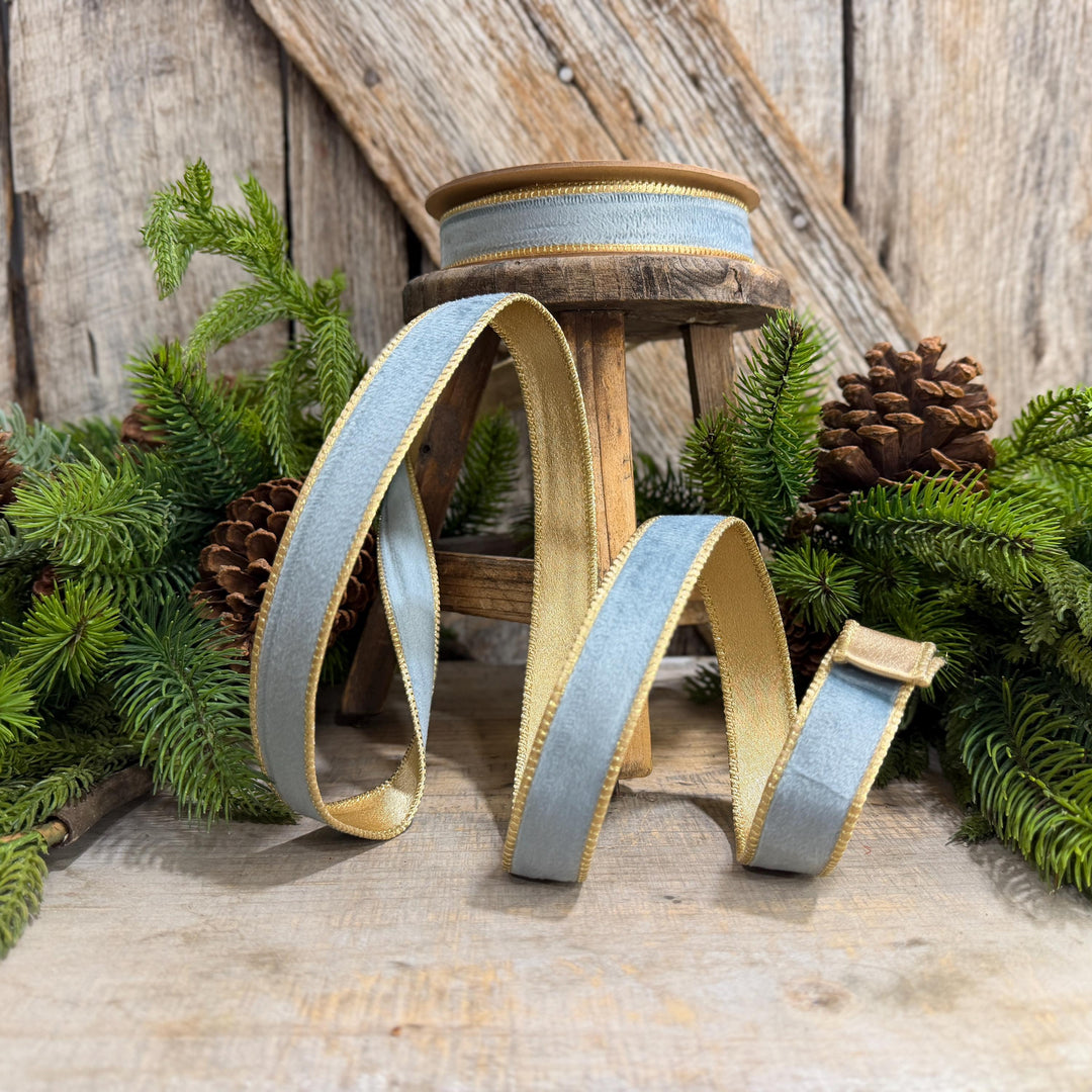 1" Steel Blue Velvet, French Blue Velvet Ribbon, Wired Ribbon, Ribbon, Velvet Ribbon, Christmas Ribbon, Blue and Gold Ribbon