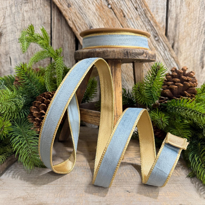 1" Steel Blue Velvet, French Blue Velvet Ribbon, Wired Ribbon, Ribbon, Velvet Ribbon, Christmas Ribbon, Blue and Gold Ribbon