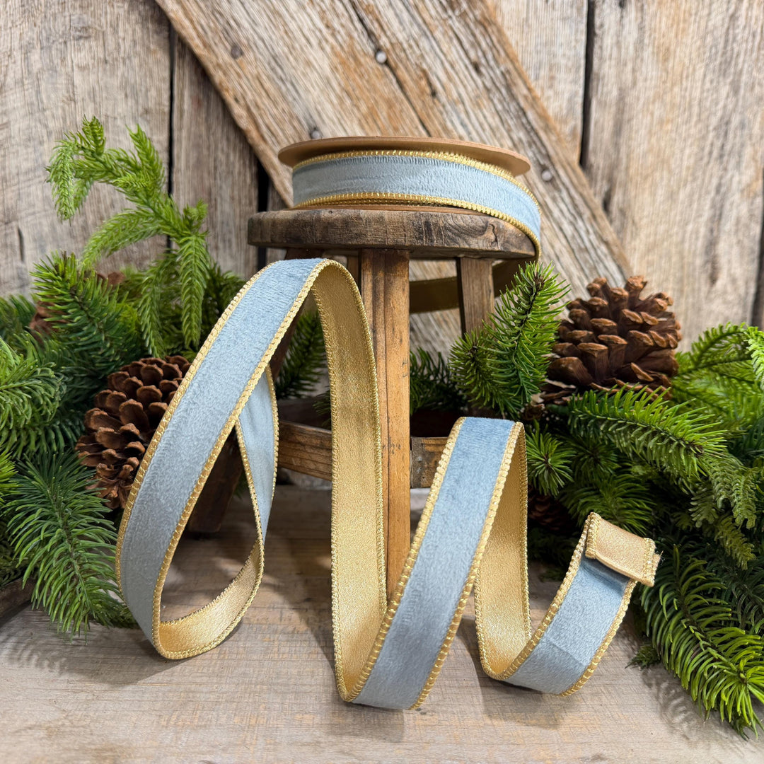1" Steel Blue Velvet, French Blue Velvet Ribbon, Wired Ribbon, Ribbon, Velvet Ribbon, Christmas Ribbon, Blue and Gold Ribbon