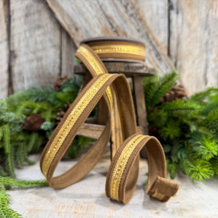 1" Pecan Twinkle Trim Ribbon, Farrisilk ribbon, Brown Jeweled RIbbon, Gold Ribbon, Brown Christmas Ribbon, Designer RIbbon, RK756-35