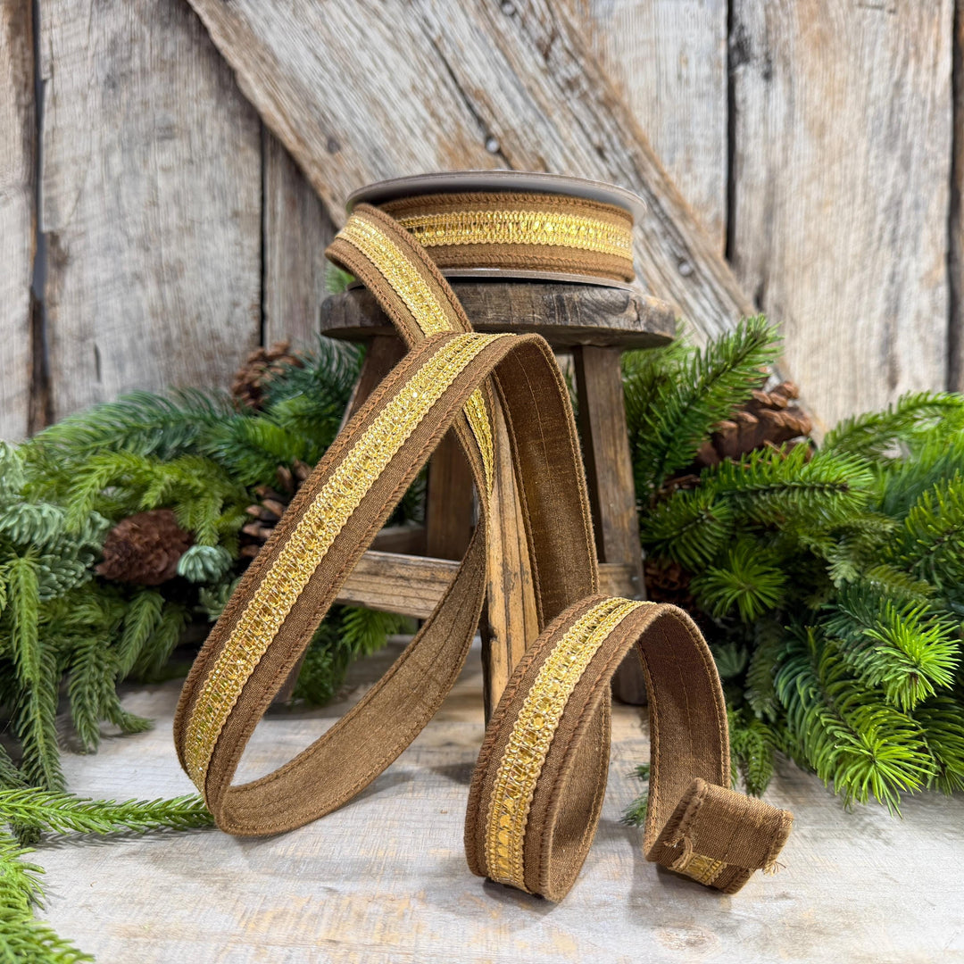1" Pecan Twinkle Trim Ribbon, Farrisilk ribbon, Brown Jeweled RIbbon, Gold Ribbon, Brown Christmas Ribbon, Designer RIbbon, RK756-35