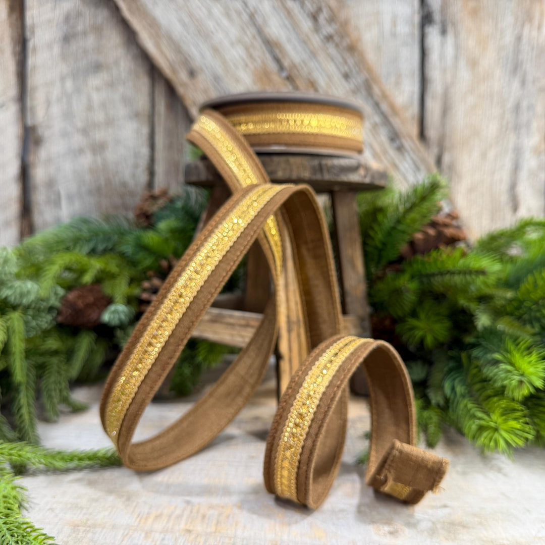 1" Pecan Twinkle Trim Ribbon, Farrisilk ribbon, Brown Jeweled RIbbon, Gold Ribbon, Brown Christmas Ribbon, Designer RIbbon, RK756-35