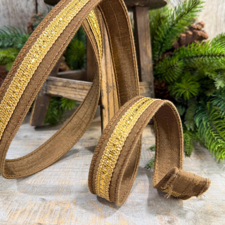 1" Pecan Twinkle Trim Ribbon, Farrisilk ribbon, Brown Jeweled RIbbon, Gold Ribbon, Brown Christmas Ribbon, Designer RIbbon, RK756-35