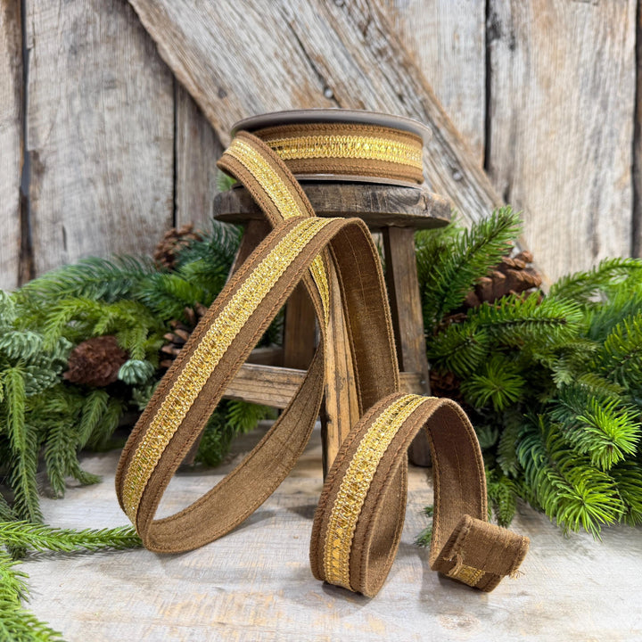 1" Pecan Twinkle Trim Ribbon, Farrisilk ribbon, Brown Jeweled RIbbon, Gold Ribbon, Brown Christmas Ribbon, Designer RIbbon, RK756-35