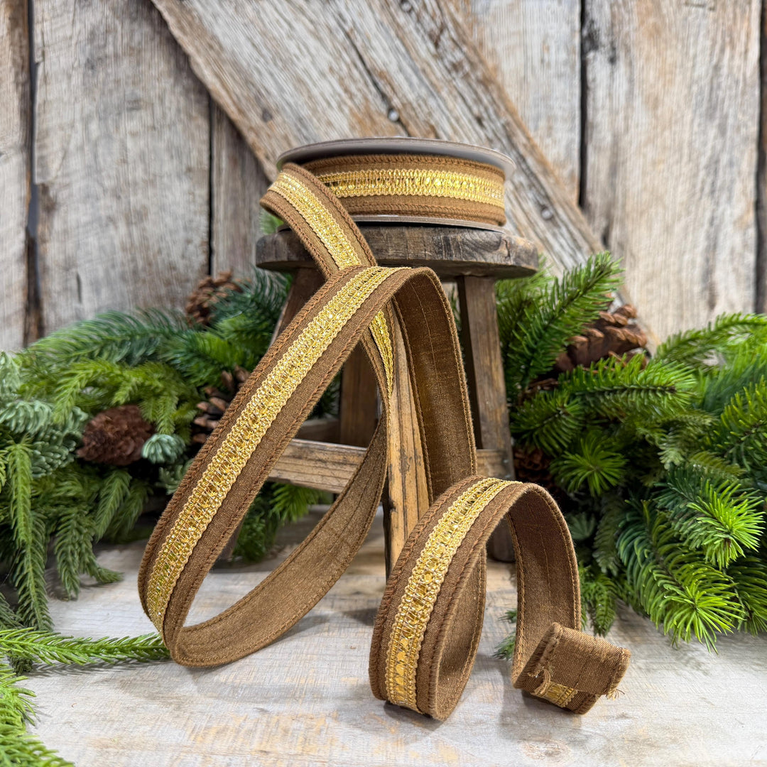 1" Pecan Twinkle Trim Ribbon, Farrisilk ribbon, Brown Jeweled RIbbon, Gold Ribbon, Brown Christmas Ribbon, Designer RIbbon, RK756-35