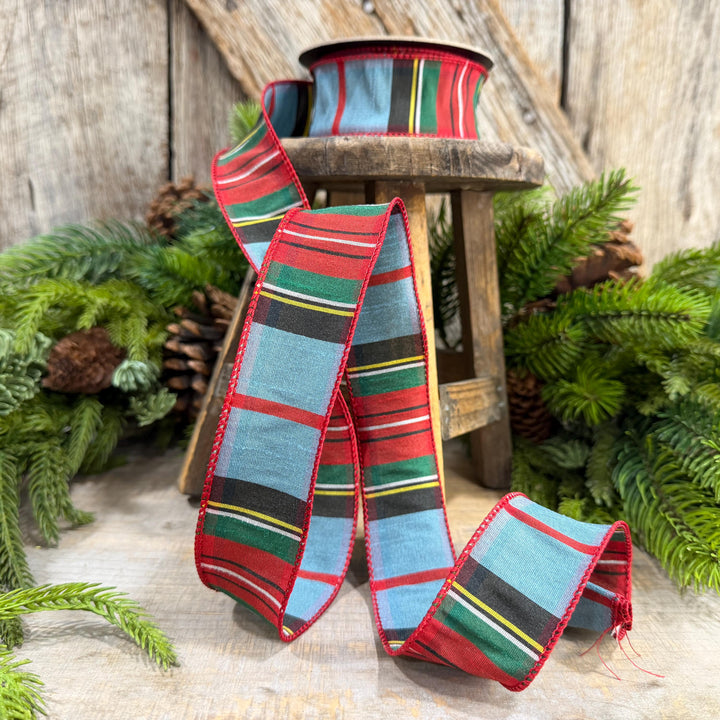 1.5" Dusty Blue Tartan Plaid Ribbon, Christmas Plaid Wired Ribbon, Red Blue Chirstmas Plaid RIbbon