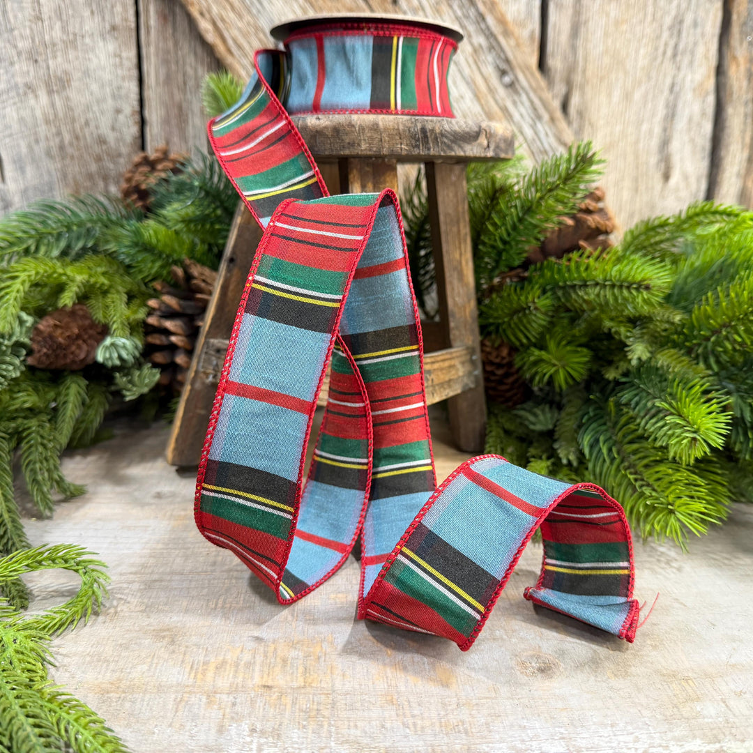 1.5" Dusty Blue Tartan Plaid Ribbon, Christmas Plaid Wired Ribbon, Red Blue Chirstmas Plaid RIbbon