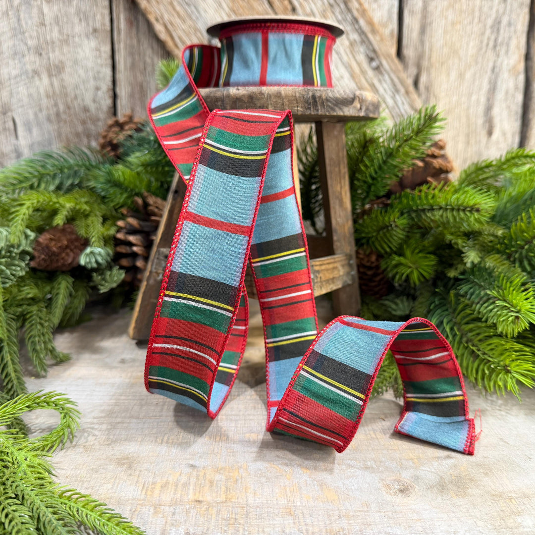 1.5" Dusty Blue Tartan Plaid Ribbon, Christmas Plaid Wired Ribbon, Red Blue Chirstmas Plaid RIbbon