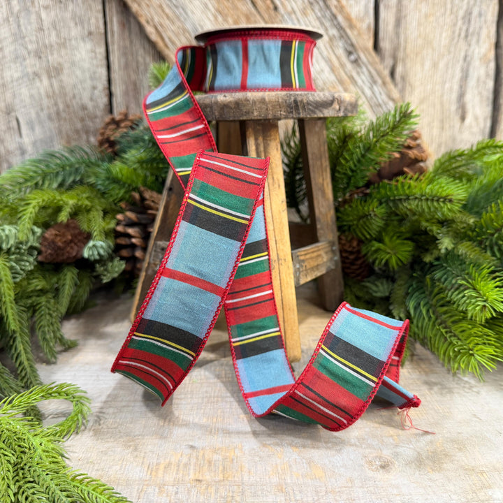 1.5" Dusty Blue Tartan Plaid Ribbon, Christmas Plaid Wired Ribbon, Red Blue Chirstmas Plaid RIbbon