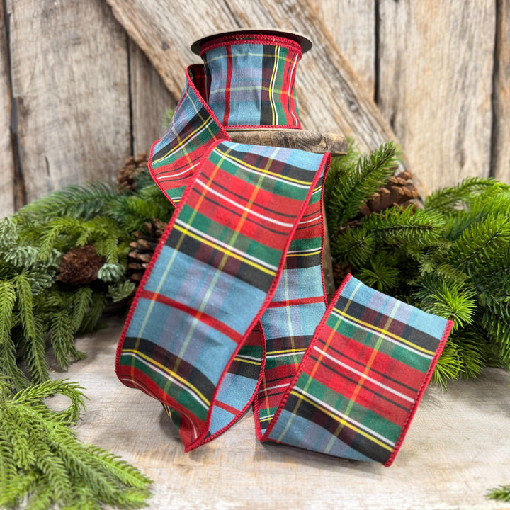 2.5" Dusty Blue Tartan Plaid Ribbon, Christmas Plaid Wired Ribbon, Red Blue Chirstmas Plaid RIbbon