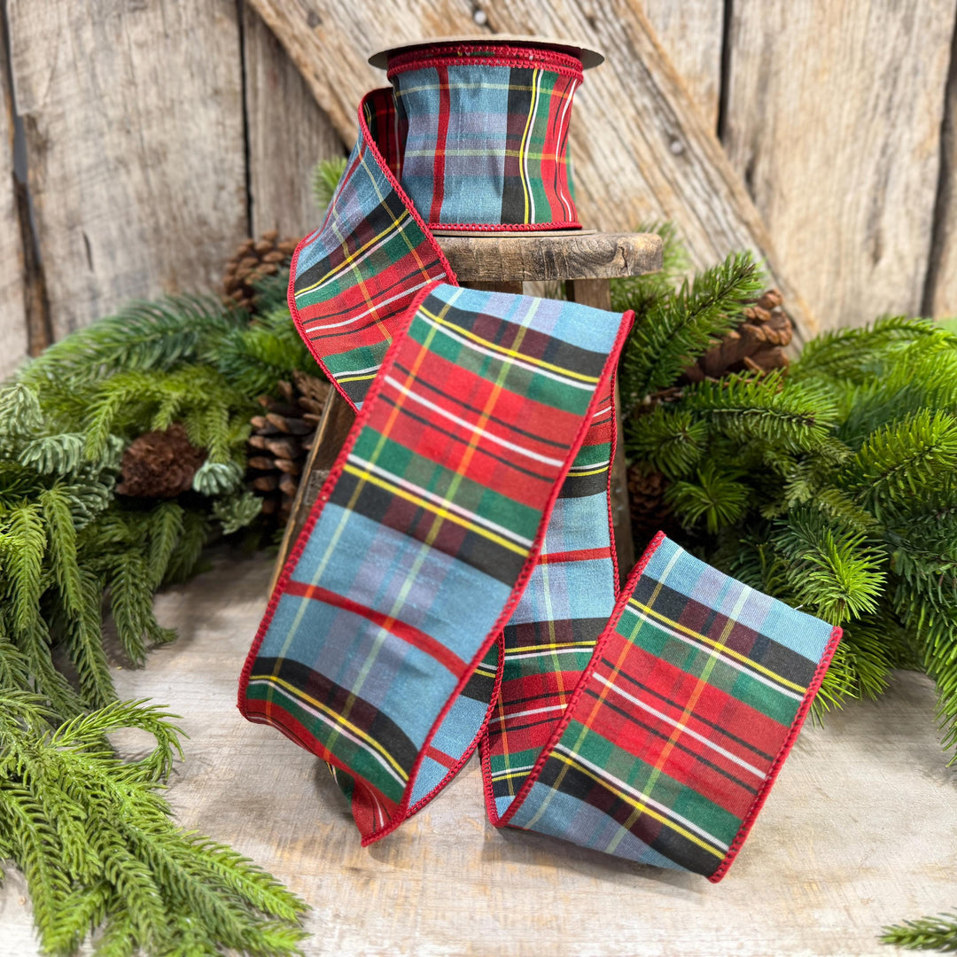 2.5" Dusty Blue Tartan Plaid Ribbon, Christmas Plaid Wired Ribbon, Red Blue Chirstmas Plaid RIbbon